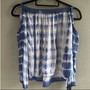 Elan boho blue and white tie dye strapless long cut out sleeves flowy top. Small